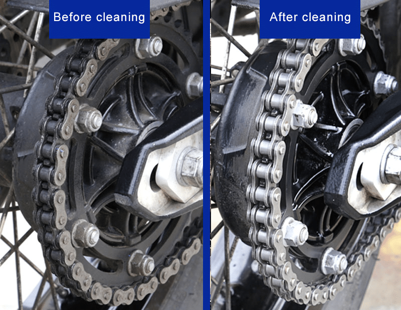 Comparison before and after cleaning of motorcycle chain